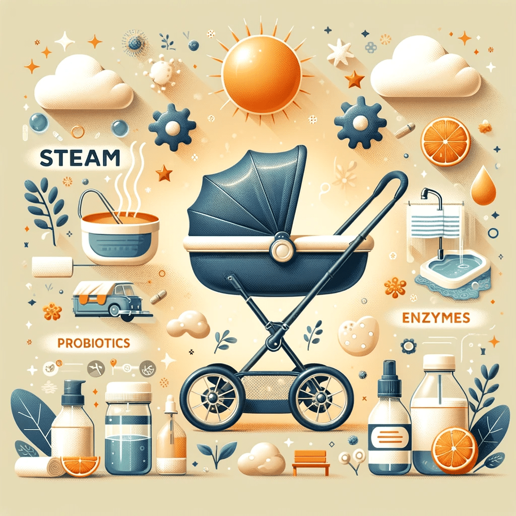Steam Cleaning: The Heart of Our Method 1 visually-engaging-and-informative-featured-image-for-a-blog-post-about-eco-friendly-stroller-cleaning.-The-image-should-depict-a-baby-stroller-