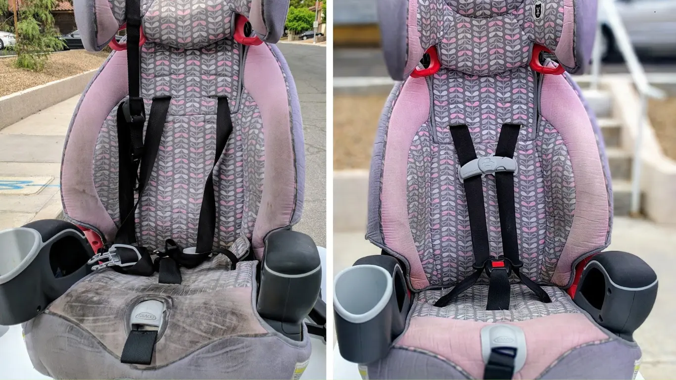 Before and after of a child car seat with visible stains removed