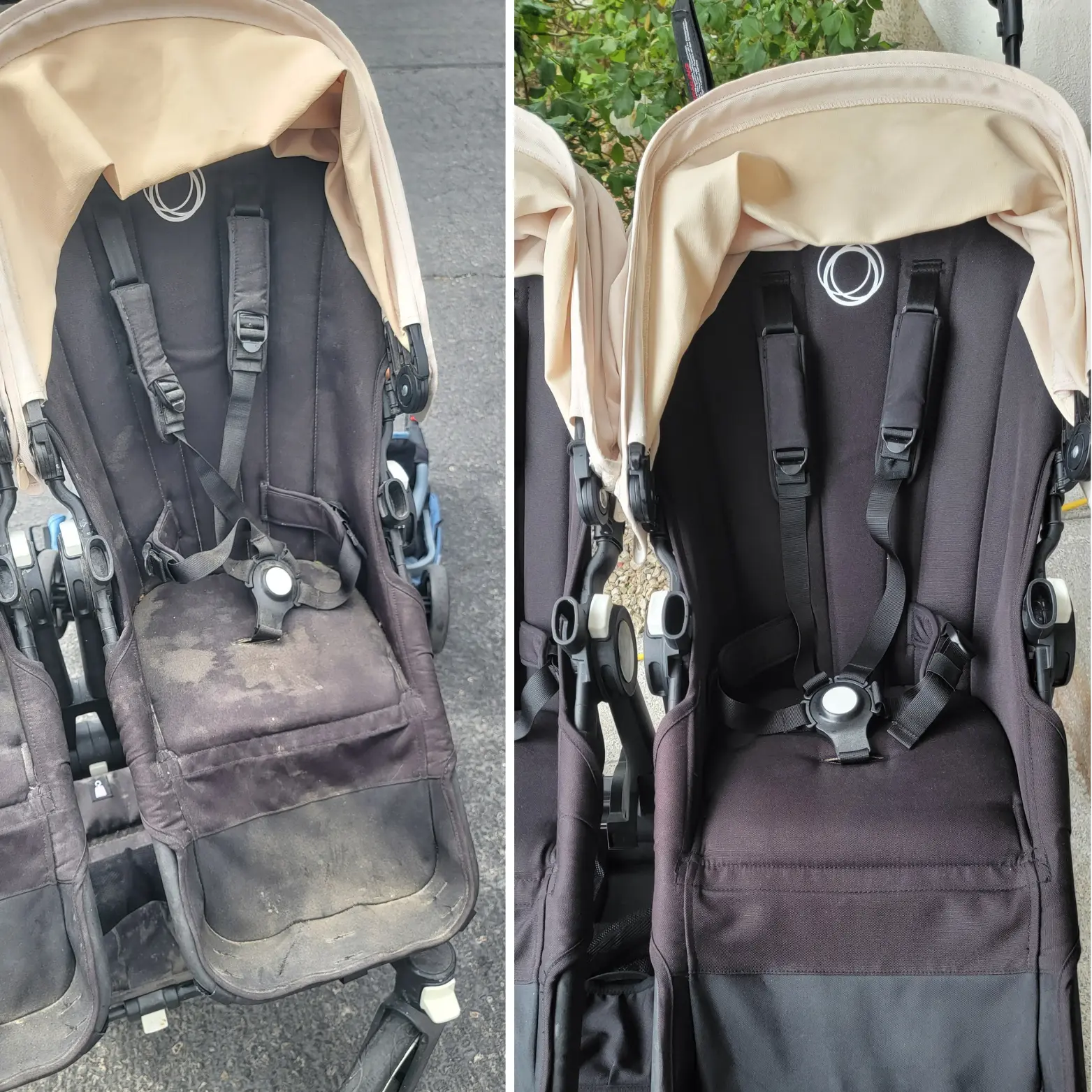 Before and after view of a stroller seat cleaned on site